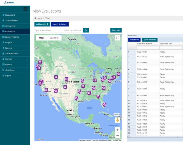 Screenshot of BlueDAG Evaluations (Inspections) table with map view Screenshot of BlueDAG Evaluations (Inspections) table with map view