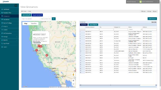 Screenshot of BlueDAG Grievances Plus table view with map Screenshot of BlueDAG Grievances Plus table view with map
